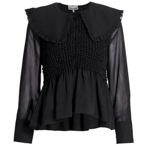 GANNI sz 34 Ruffle Collar Smocked Chiffon Blouse Black - Picture 4 of 7